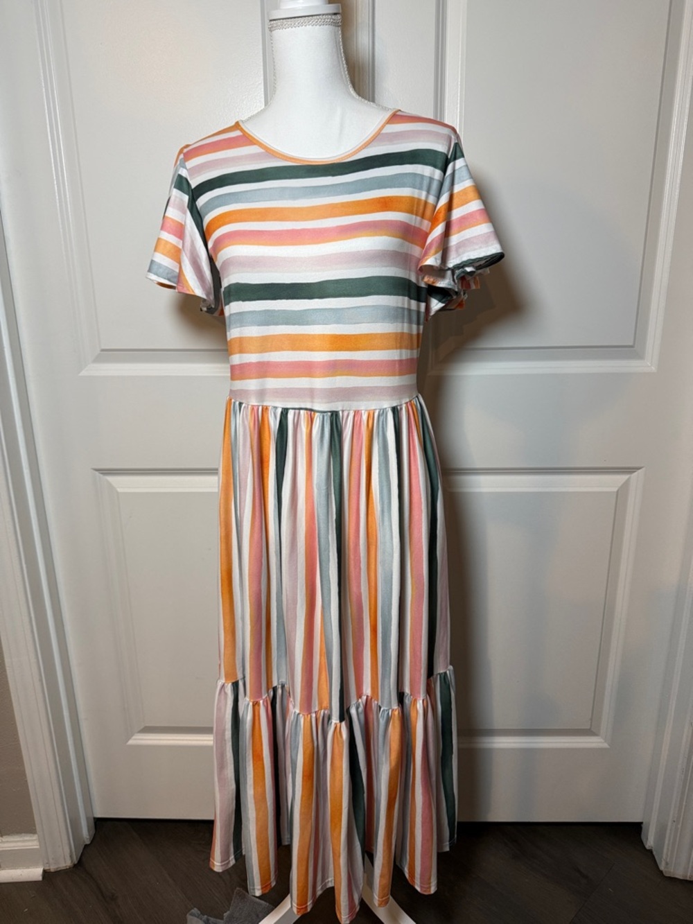 Striped Short-Sleeve Maxi Dress in Multi-Color